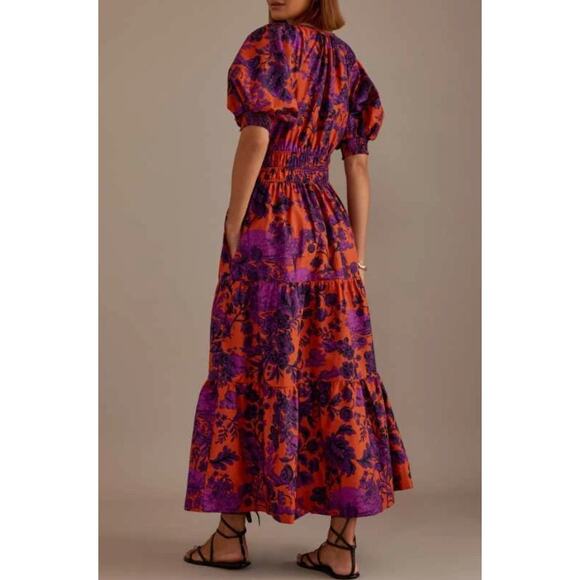 Anthropologie Women's M Somerset Puff Sleeve Maxi Orange Purple Floral Dress - Picture 9 of 15